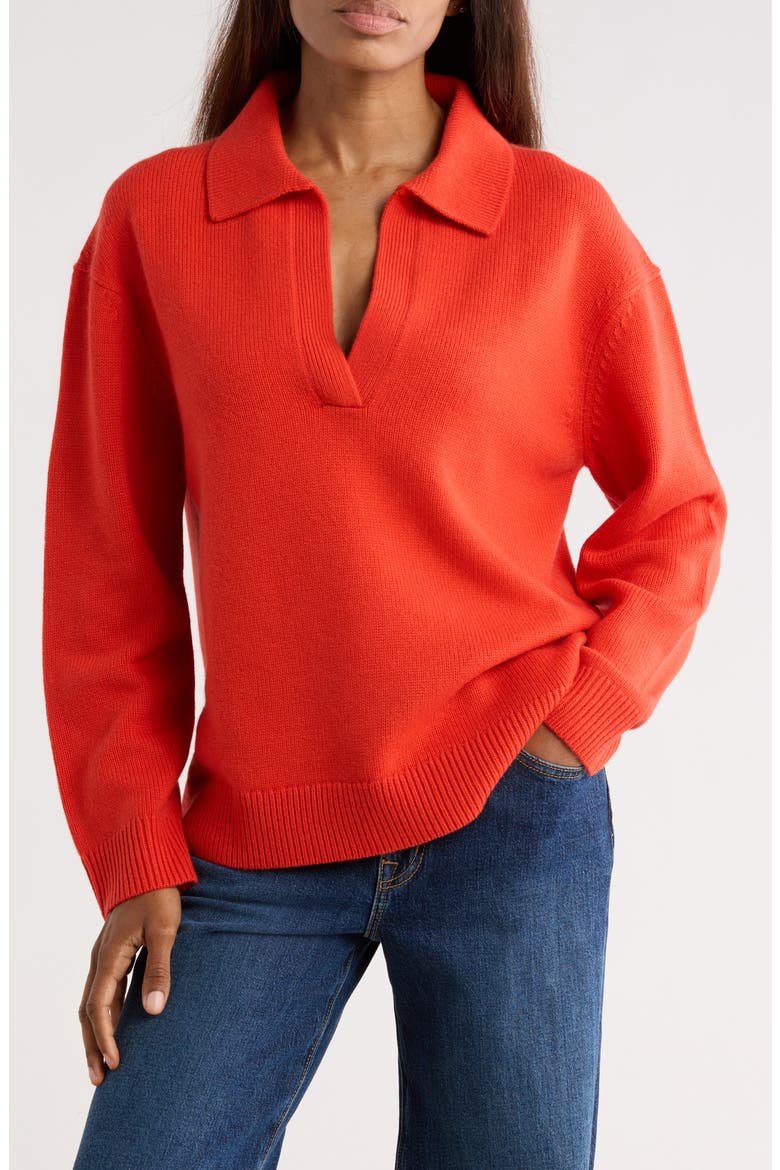Boy Johnny Collar Cashmere Henley Sweater, Main, color, SUMMER TOMATO