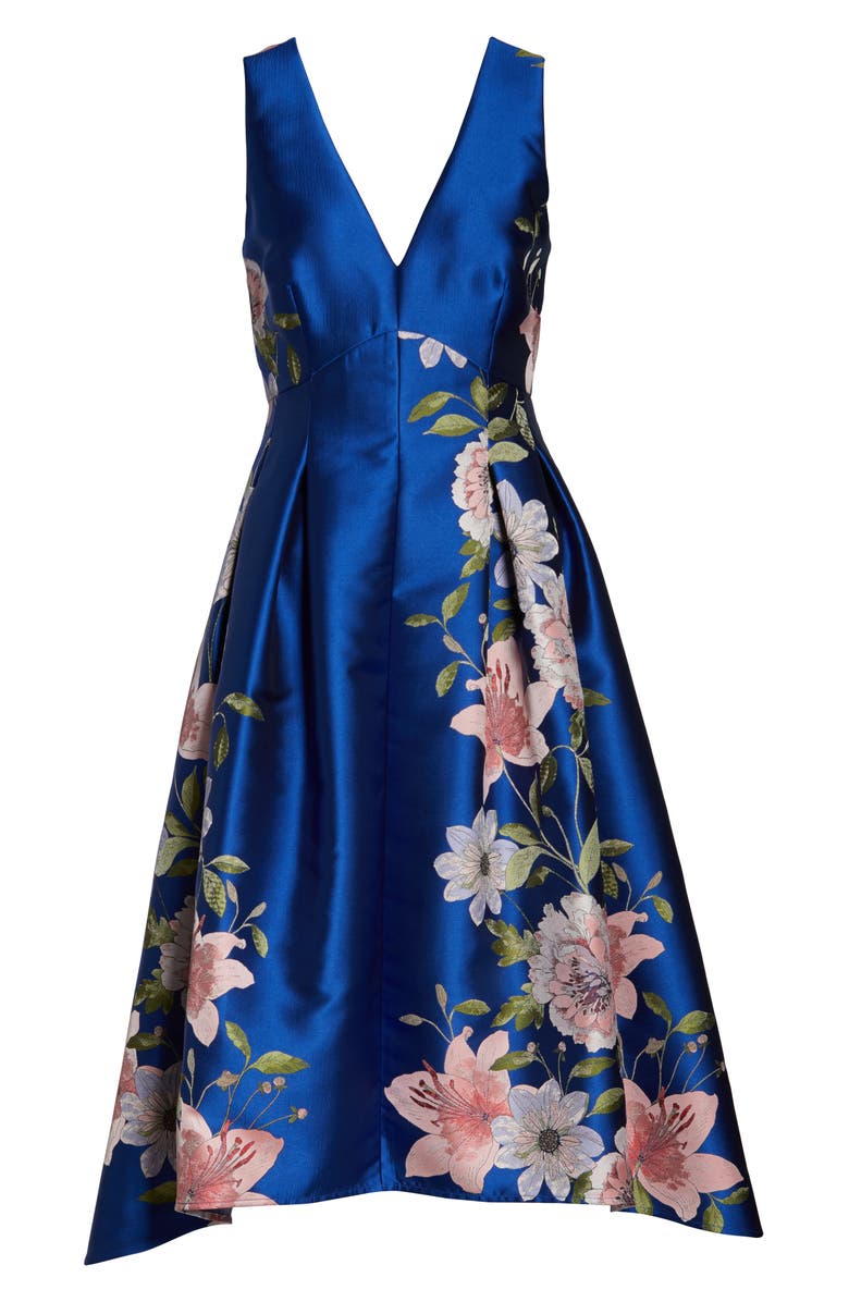 Eliza J Floral Print Satin Twill High/Low Fit & Flare Dress, Alternate, color, 