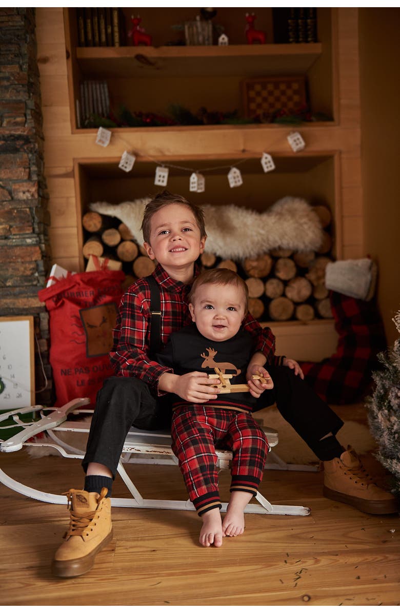 Deux par Deux Baby Boy's Fleece Sweatshirt And Pant Set Plaid Black And Red, Alternate, color, 