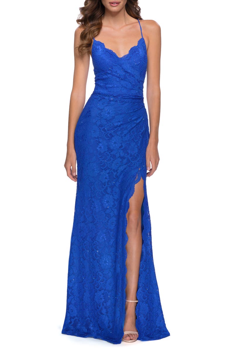 La Femme Strappy Back Lace Gown, Main, color,