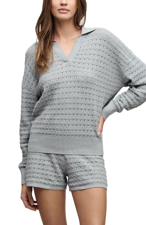 Heathered Cotton Tulip Pointelle Collared Pullover