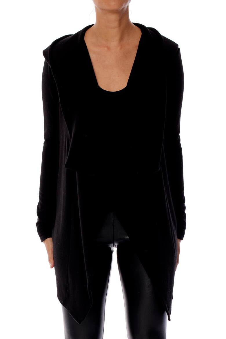 Nancy Hooded Drape Front Cardigan, Main, color, BLACK