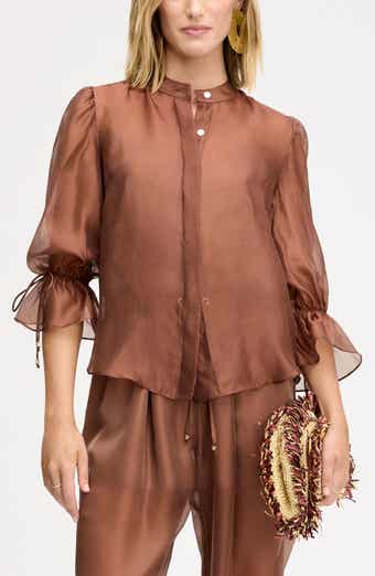 Semi Sheer Button-Up Tie Cuff Top