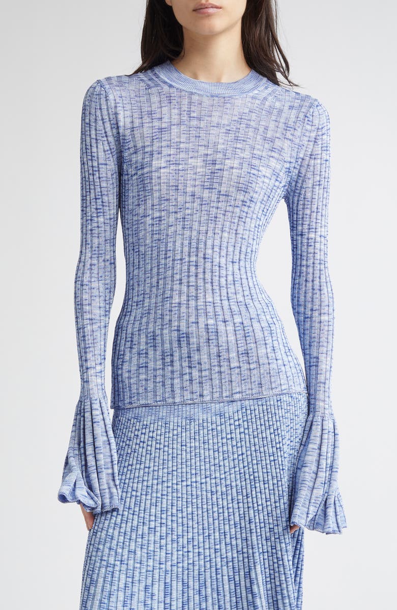 Zimmermann Hypnotic Bell Sleeve Mouliné Rib Sweater, Main, color, Blue Multi