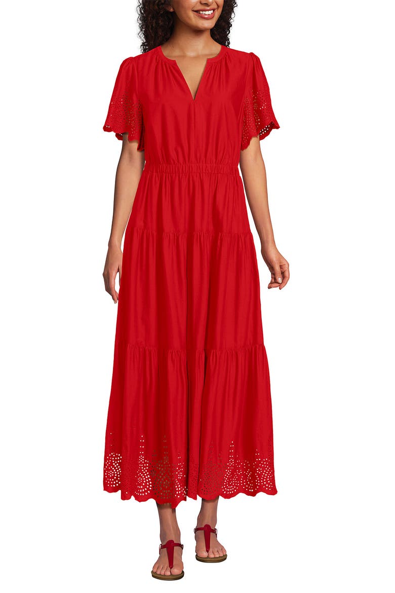 Tiered Cotton Poplin Eyelet Maxi Dress, Alternate, color, Coral Red Eyelet