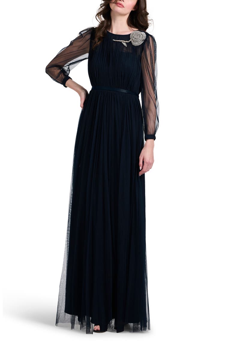 Long Sleeve Floral Appliqué Spanish Tulle Gown, Alternate, color, NAVY