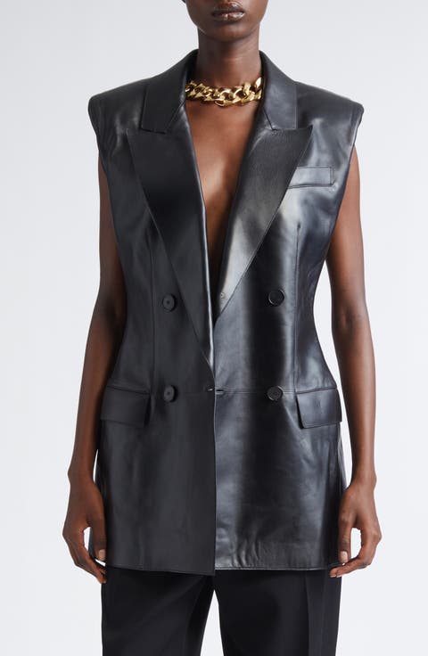 Double Breasted Sleeveless Leather Blazer