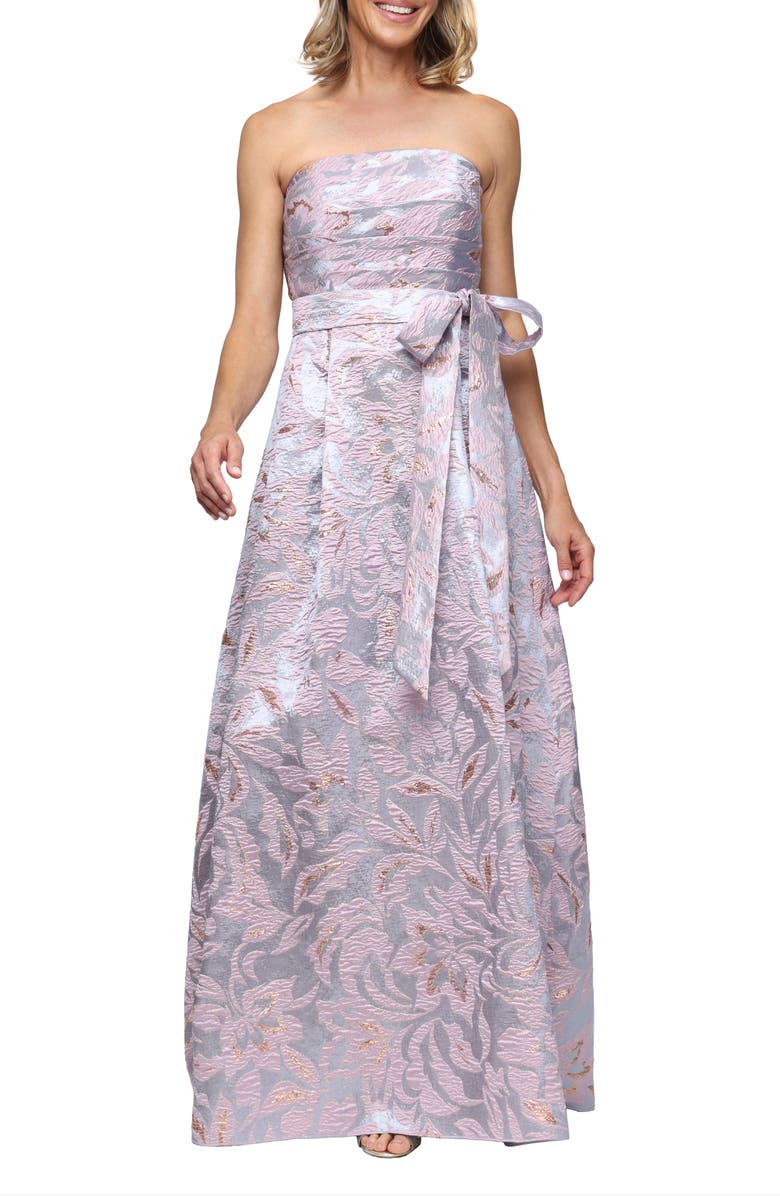Alex Evenings Floral Print Metallic Jacquard Gown, Main, color, Lilac Multi