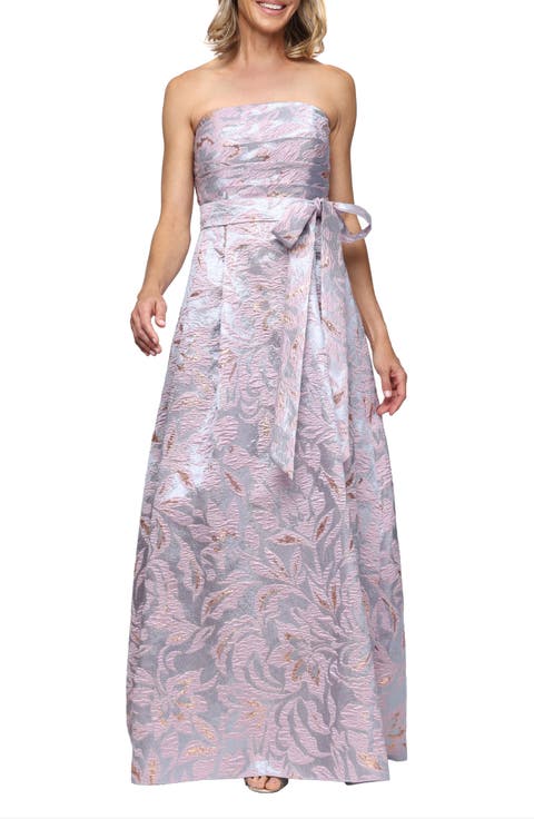 Floral Print Metallic Jacquard Gown