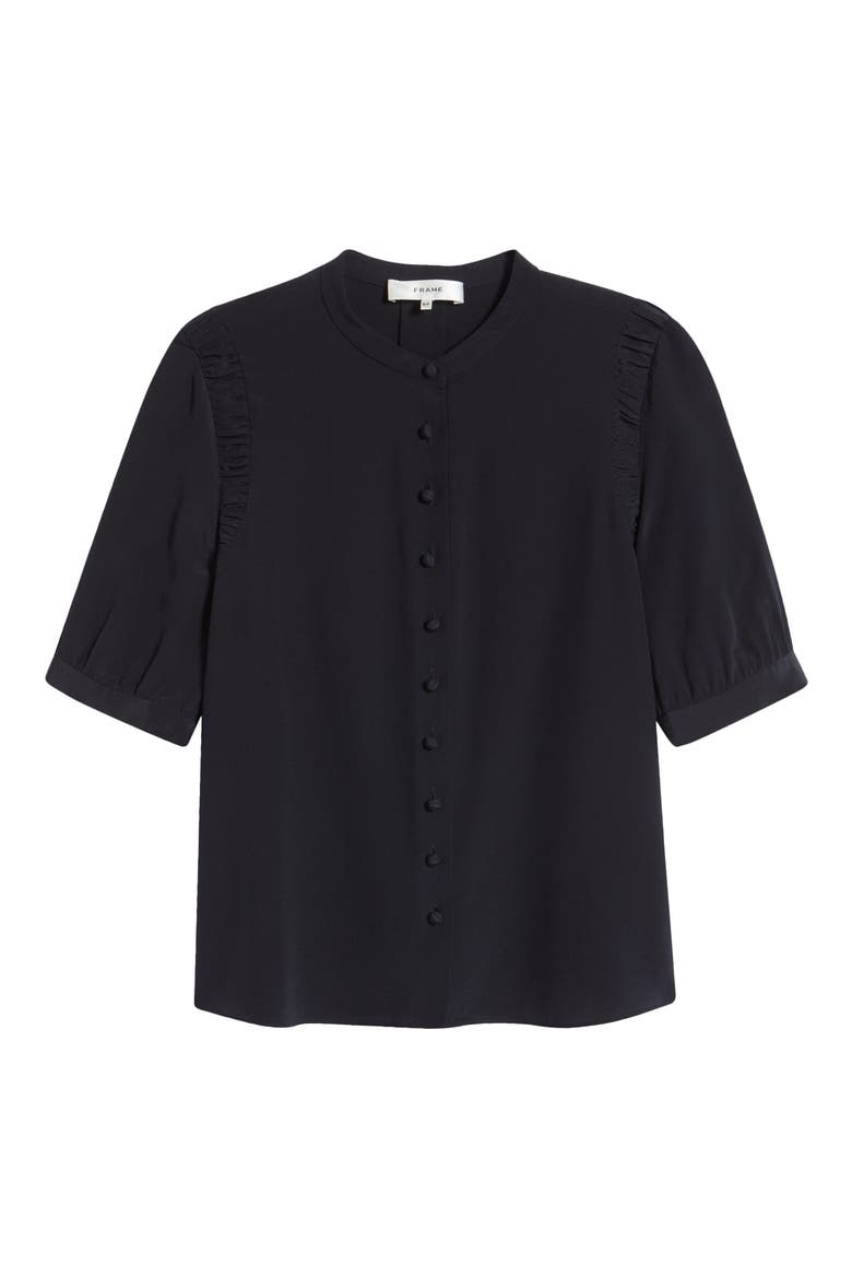The Silk Gathered Short Sleeve Button-Up Shirt, Alternate, color, NAVY