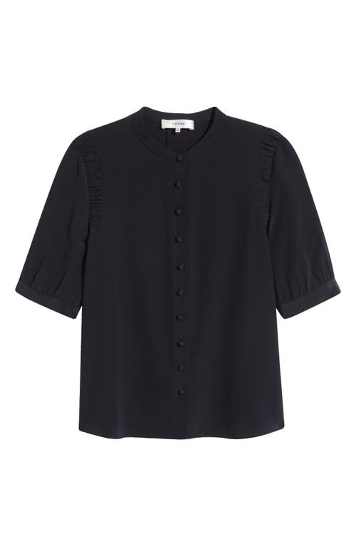 Frame The Silk Gathered Short Sleeve Button-up Shirt In Blue