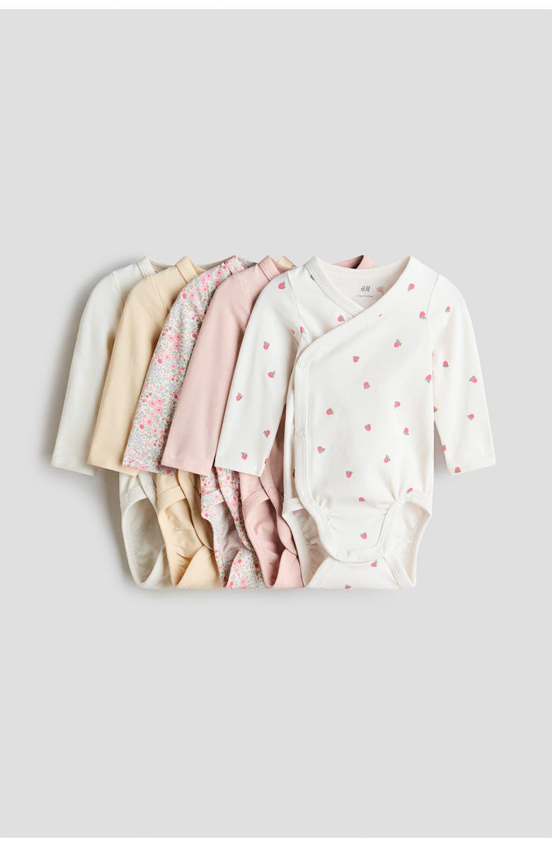 H&M 5-pack wrapover bodysuits, Main, color, Cream/Strawberries