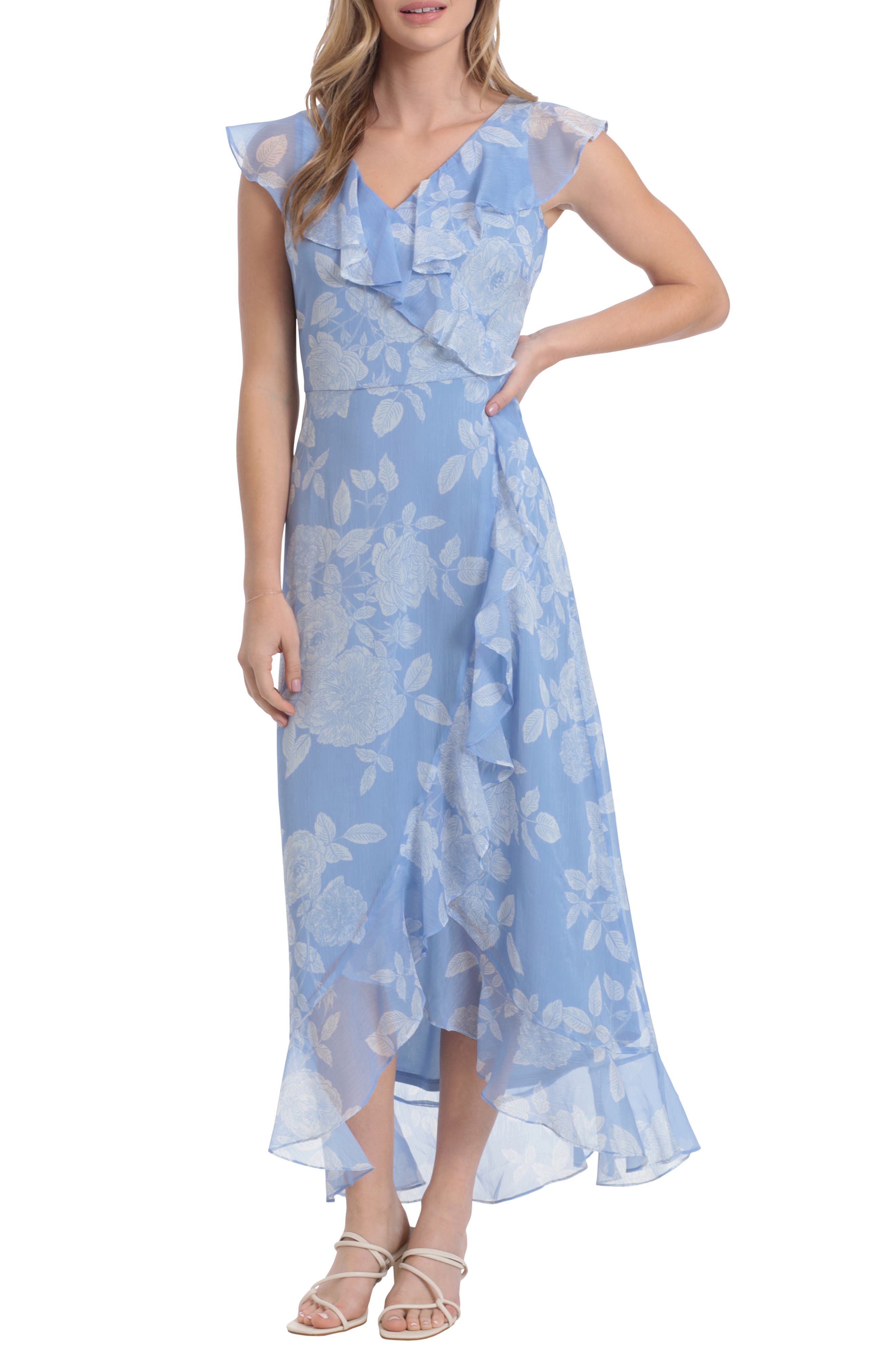 London Times Floral Ruffle Sleeveless Faux Wrap Maxi Dress