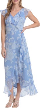London Times Floral Ruffle Sleeveless Faux Wrap Maxi Dress