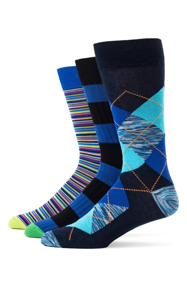 Lorenzo Uomo Mixed Pattern 3-Pack Assorted Crew Socks, Main, color, Royal Blue