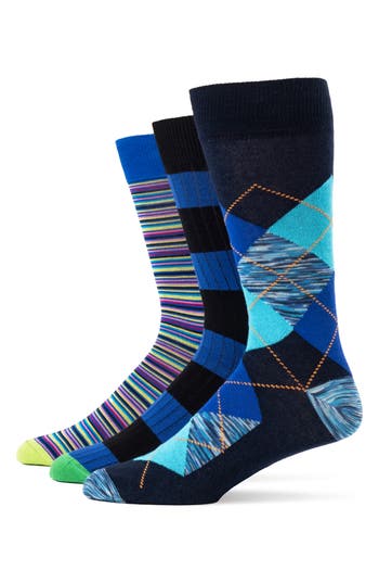 Lorenzo Uomo Mixed Pattern 3-pack Assorted Crew Socks In Blue
