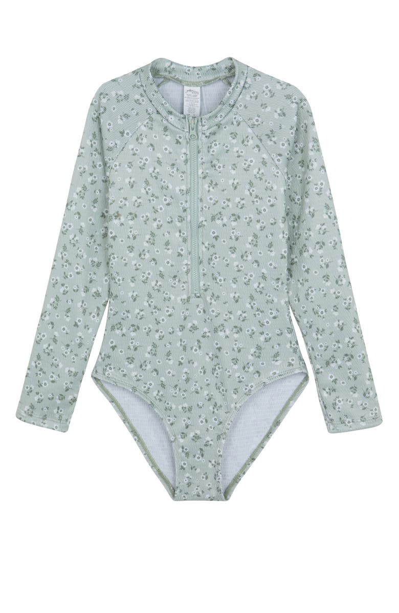 Gottex Kids Ditsy Dream Textured Long Sleeve Zip Front One Piece, Main, color, Green