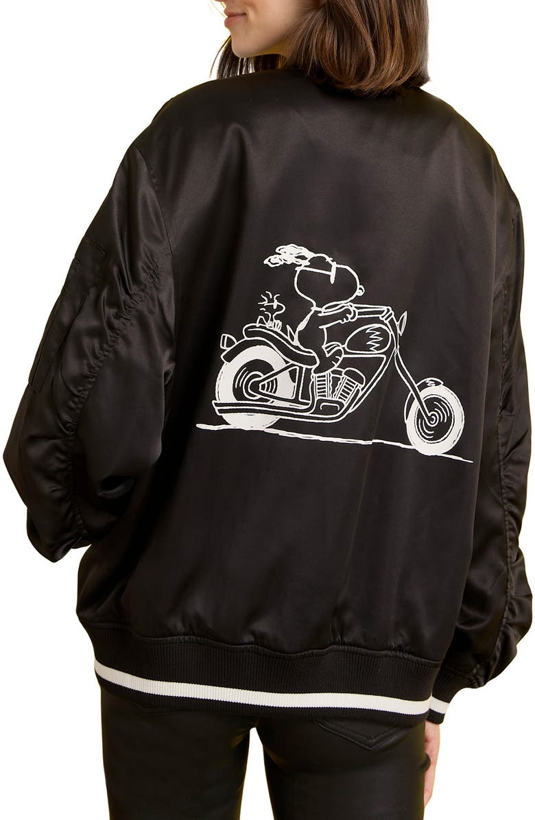 Sanctuary x Peanuts 75th Anniversary Right On Satin Bomber Jacket, Alternate, color, Black