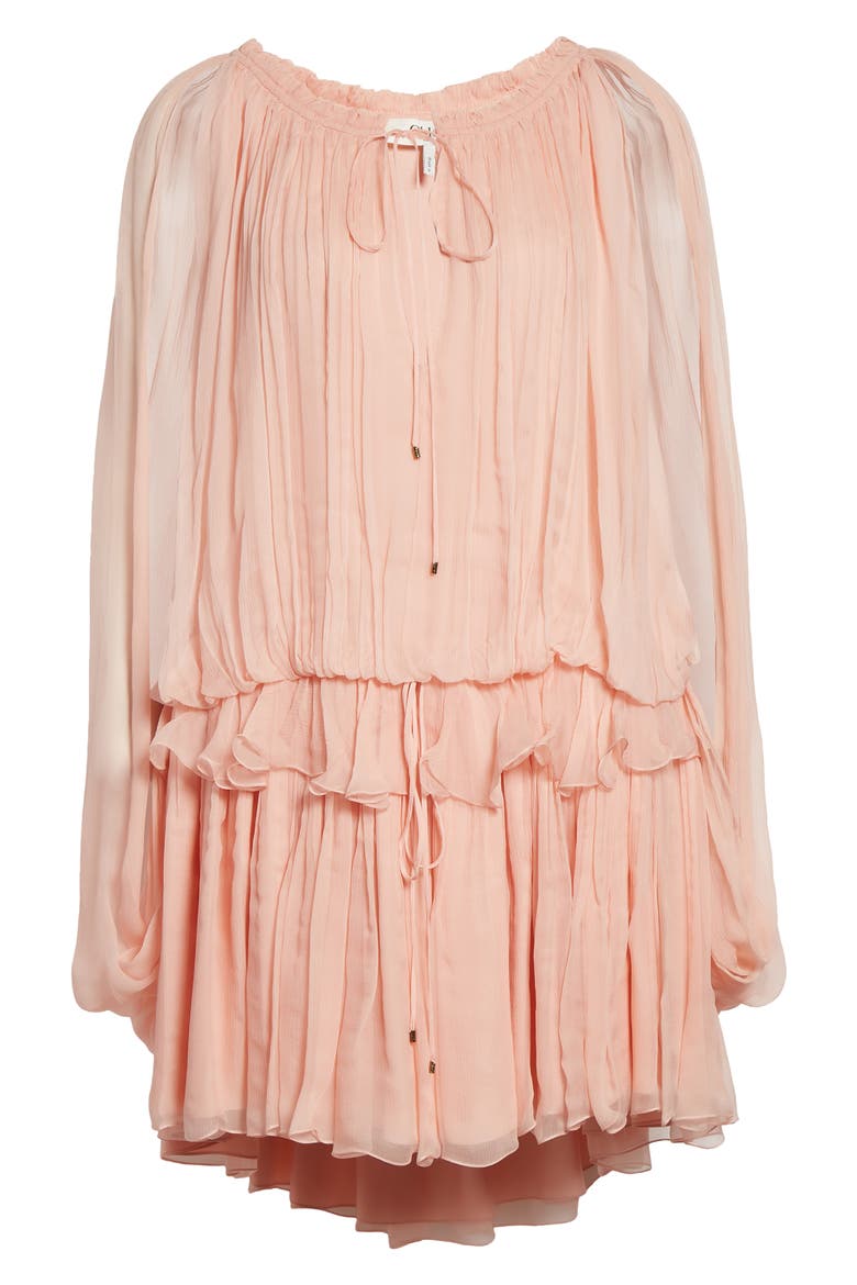 Long Sleeve Organic Silk Muslin Cape Minidress, Alternate, color, TAN ROSE