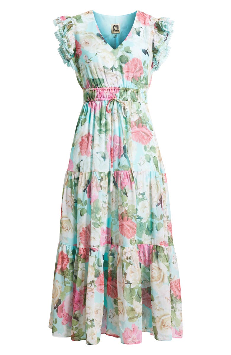 Anne Klein Floral Ruffle Drawstring Waist Dress, Alternate, color, Eggshell Blue Multi