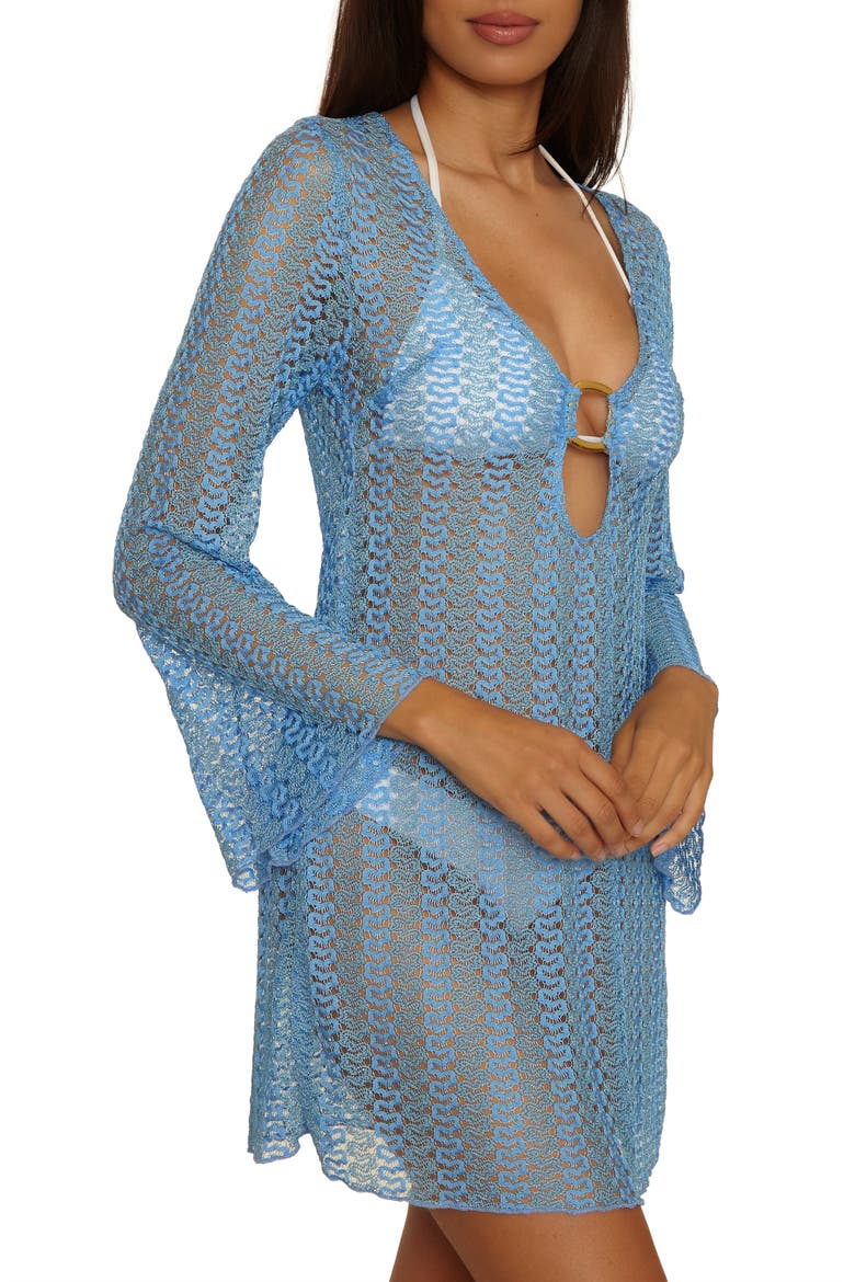 Metallic Long Sleeve Sheer Cover-Up Dress, Alternate, color, SKY BLUE