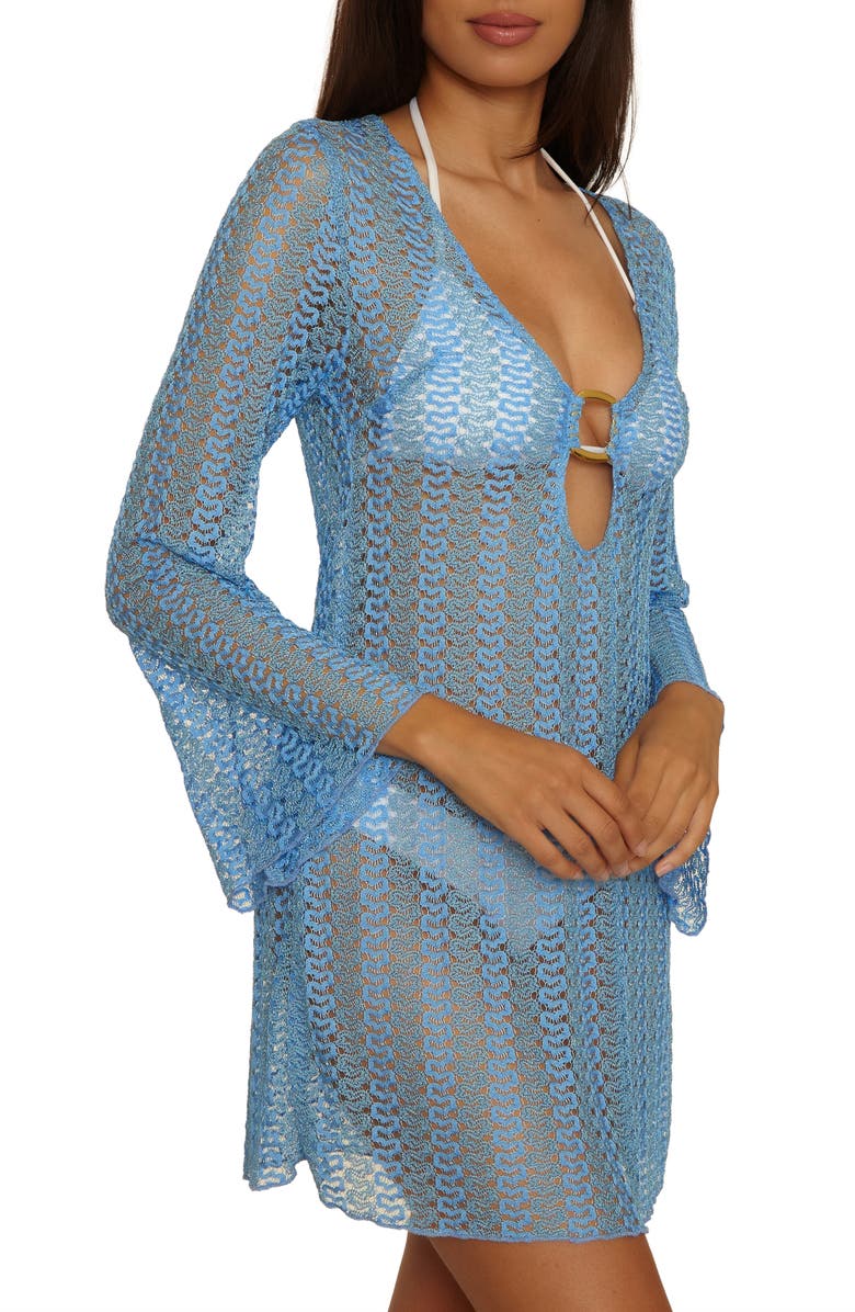 Becca Metallic Long Sleeve Sheer Cover-Up Dress, Alternate, color, Sky Blue