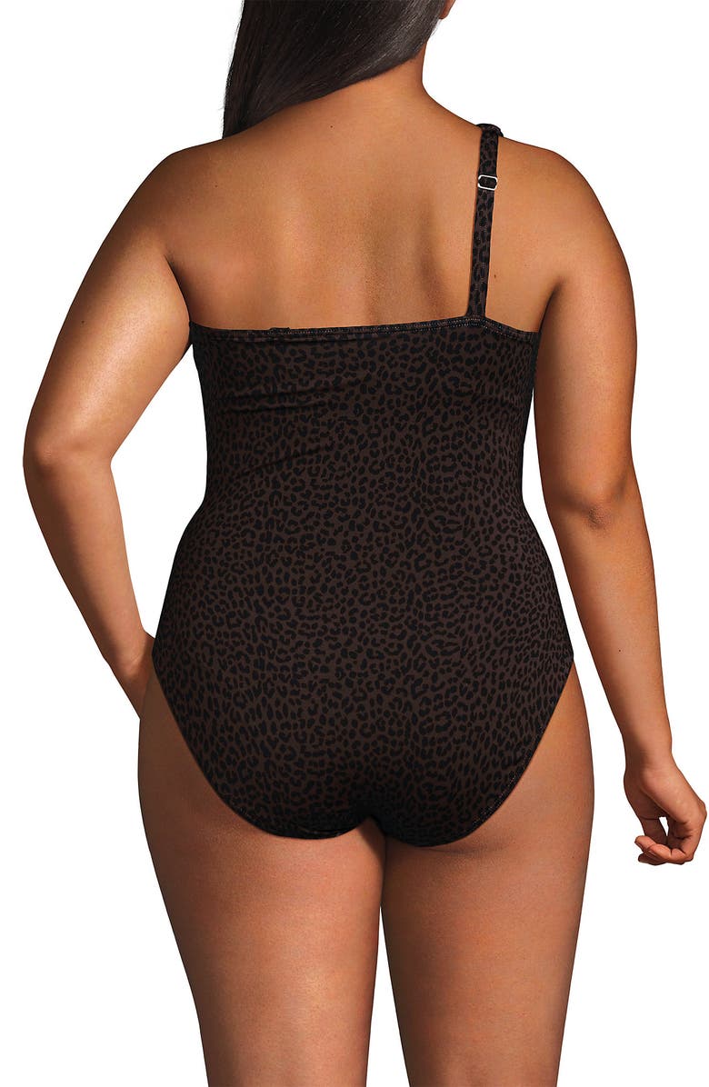 Lands' End Womens Chlorine Resistant Shirred One Shoulder One Piece Swimsuit Removable Adjustable Strap, Alternate, color, Brown Leopard