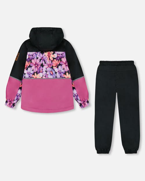 Deux Par Deux Girl's Two-piece Mid-season Outerwear Set Black With Pink And Orange Flowers In Black Pink And Orange Flowers