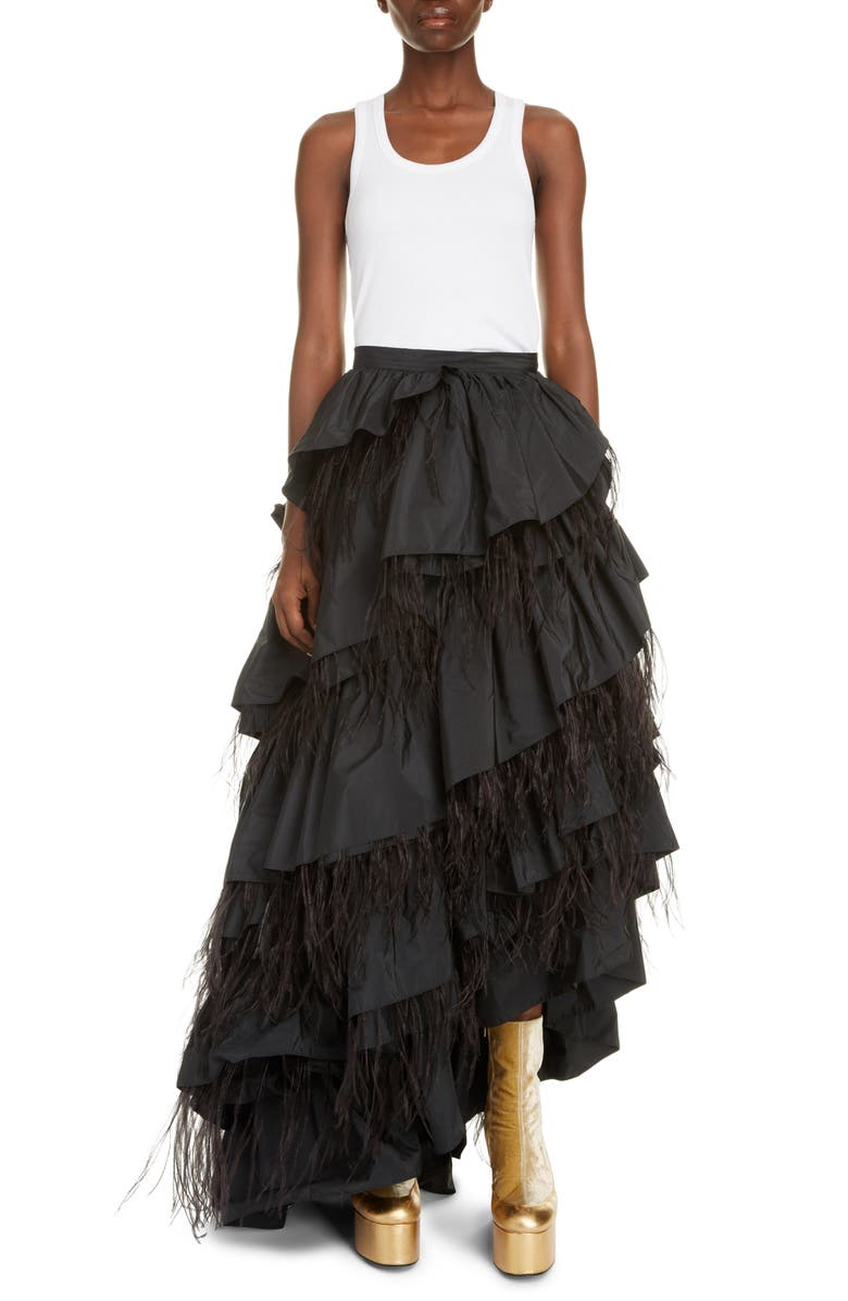 Dries Van Noten Shiloh Asymmetrical Tiered Taffeta & Feather Maxi Skirt, Alternate, color, 