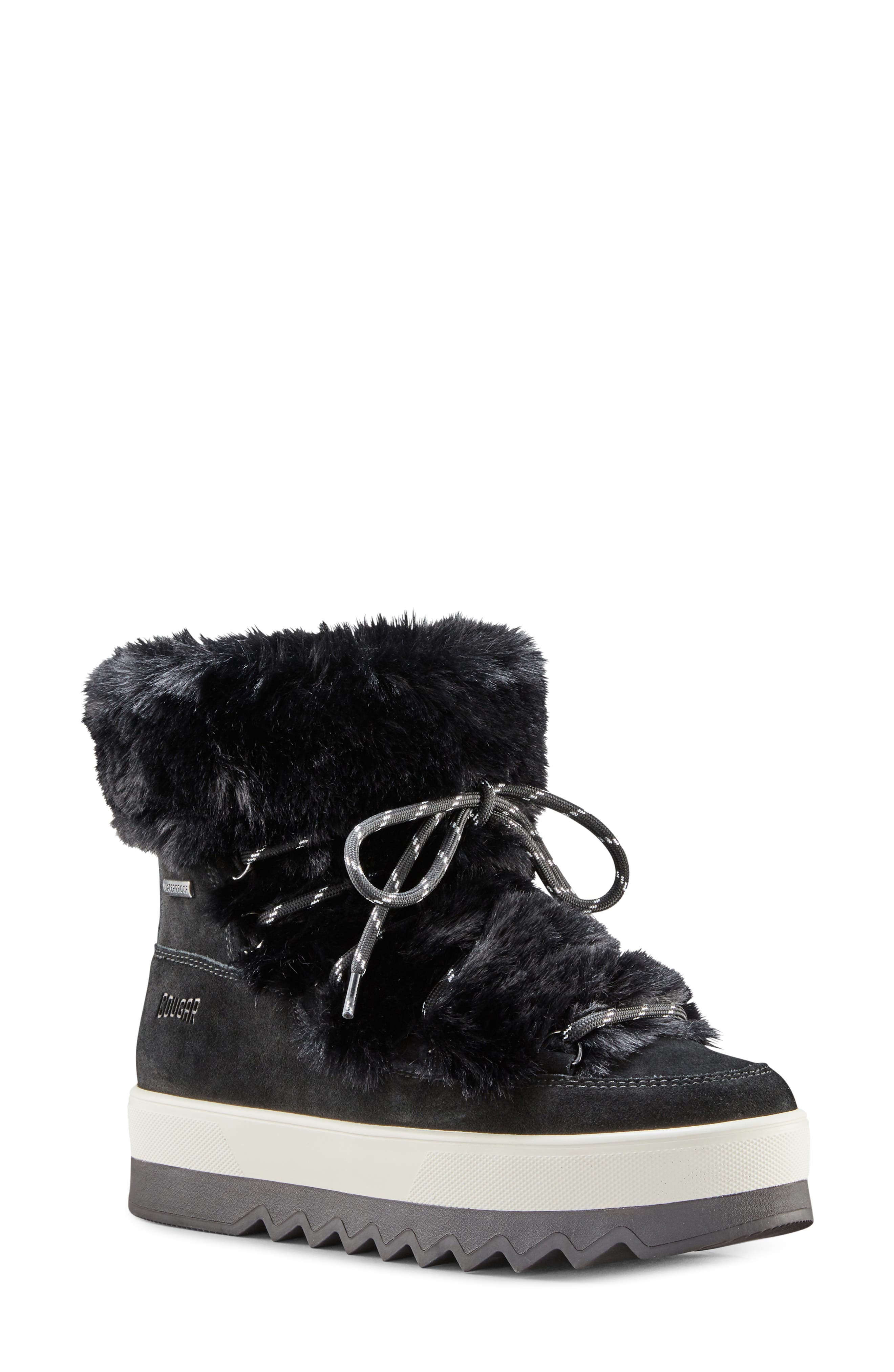 Vanity Faux Fur Trim Waterproof Bootie, Main, color, BLACK ALL OVER