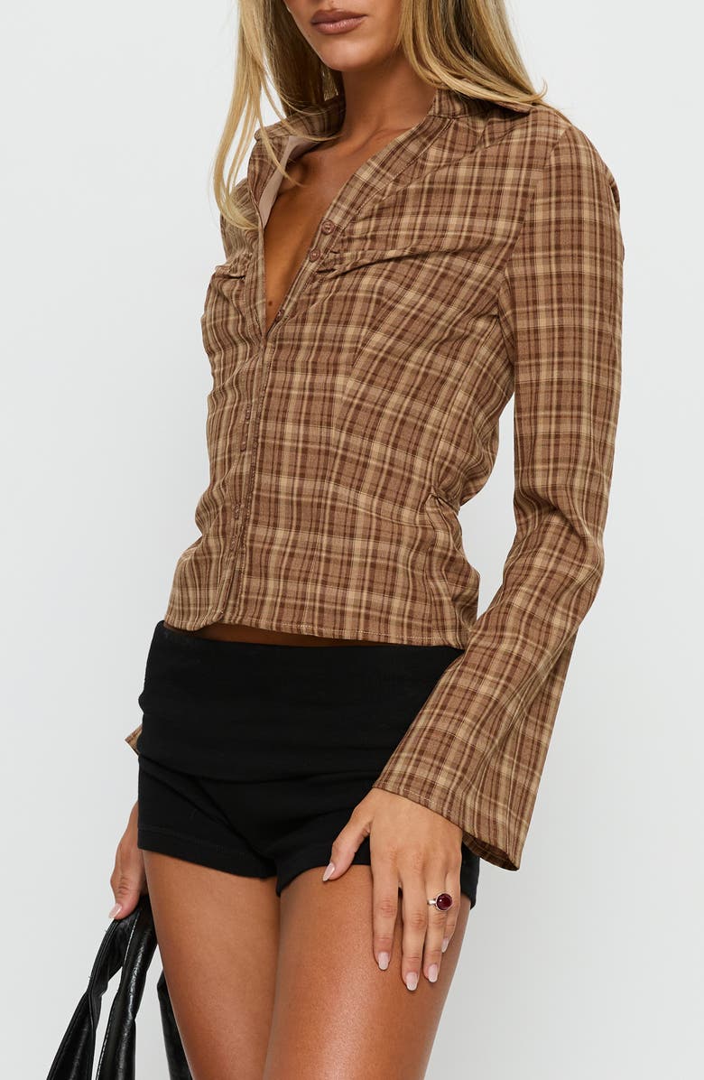 Princess Polly Arianwyn Plaid Button-Up Shirt, Alternate, color, Brown Check