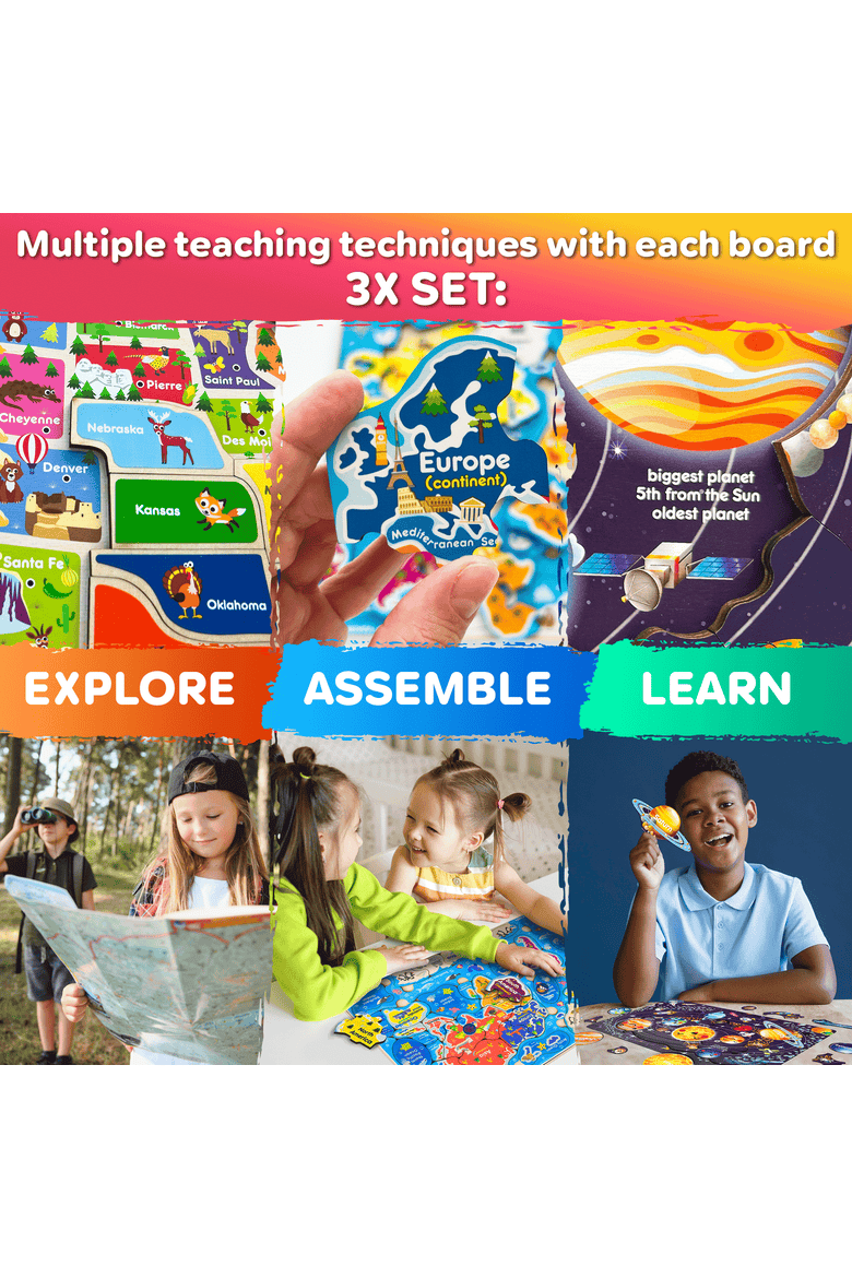 Kids Educational Map Puzzle Set - USA, World Map & Solar System Themes, Alternate, color, Wooden Map Set