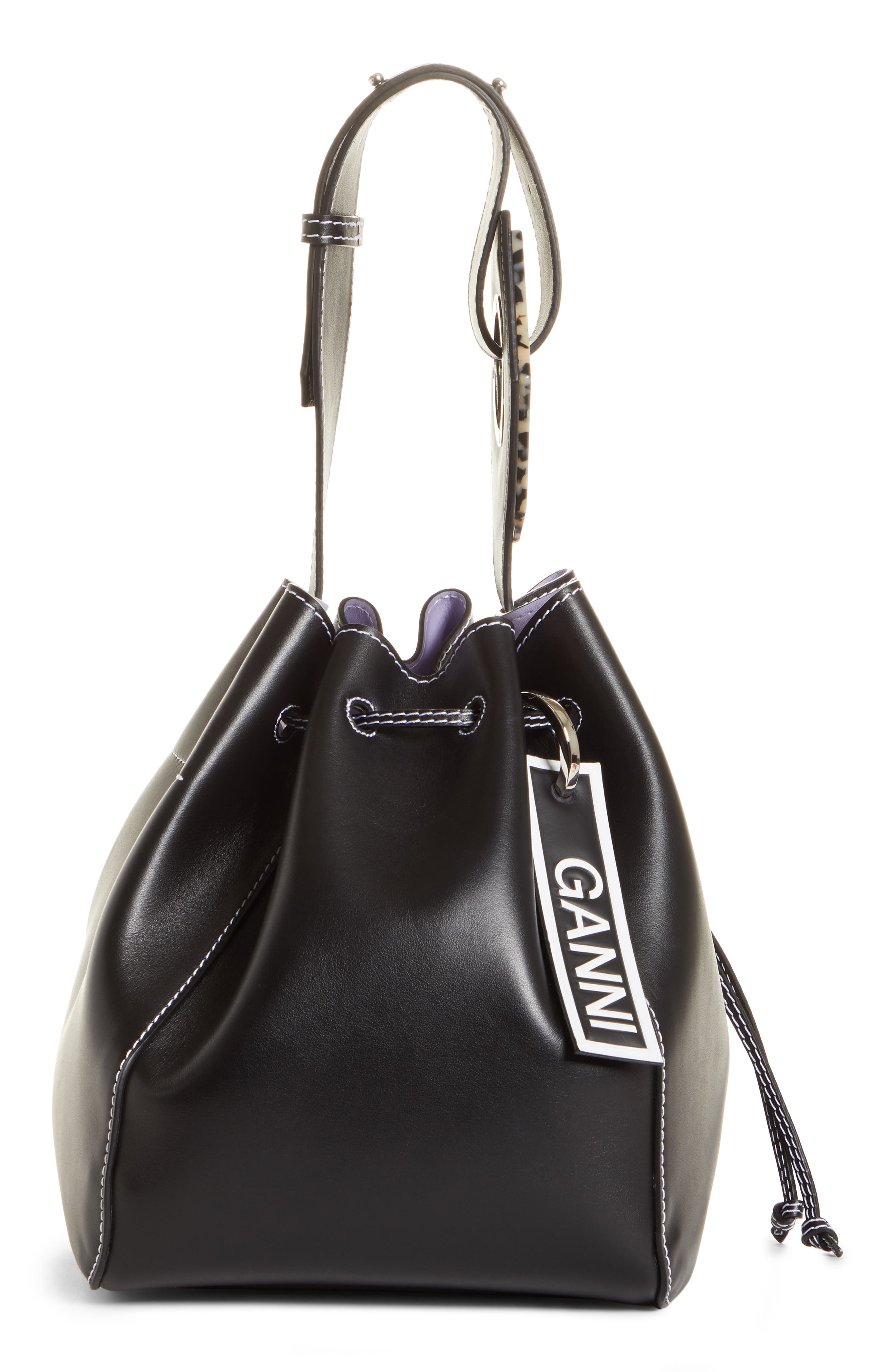 Ganni Large Drawstring Leather Bag, Alternate, color, 