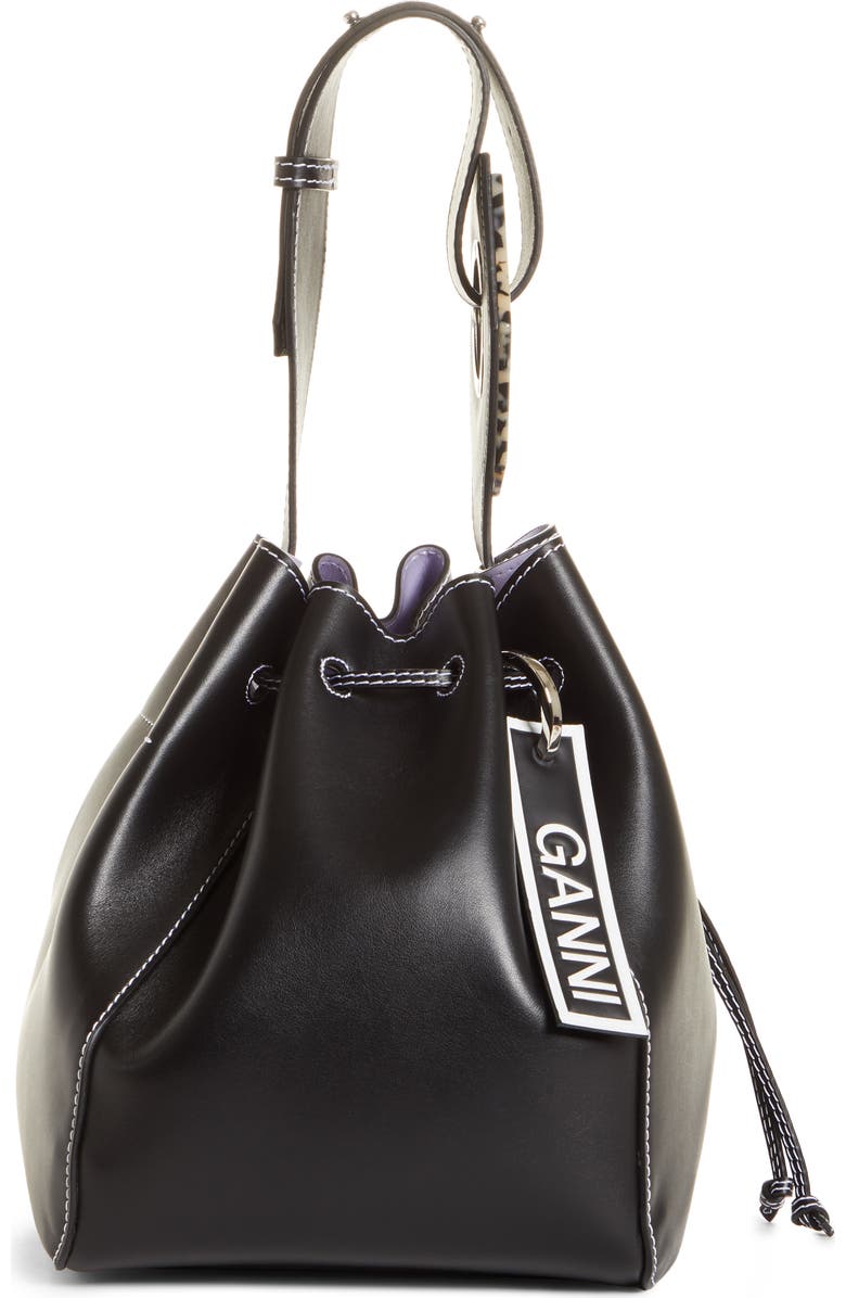 Ganni Large Drawstring Leather Bag, Alternate, color,