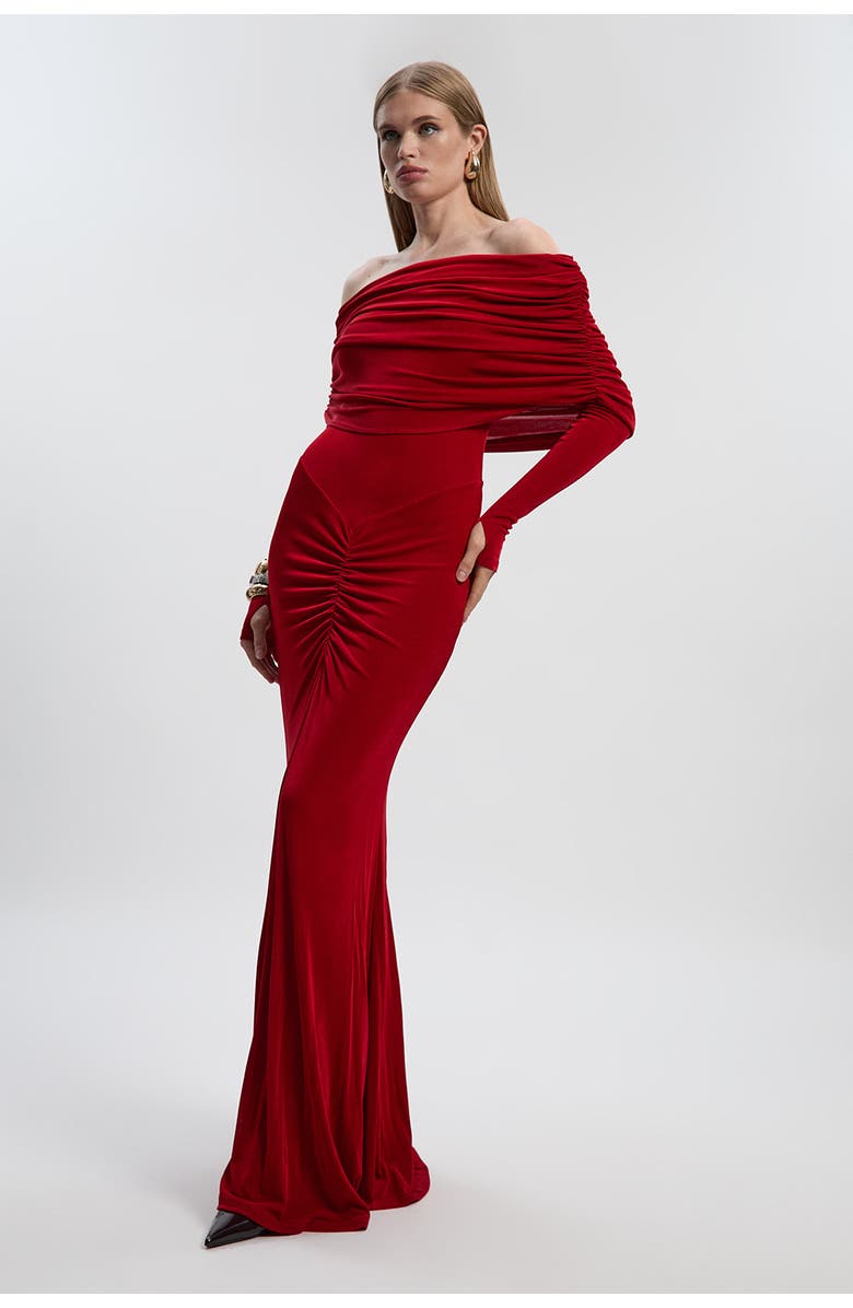 Karen Millen Ruched Off Shoulder Fishtail Maxi Dress, Main, color, Red