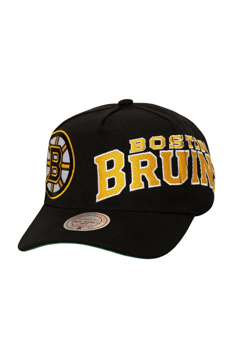 Men's Mitchell & Ness  Black Boston Bruins Busted Logo Wordmark Wrap-Around Pro Pinch Adjustable Hat, Main, color, Black