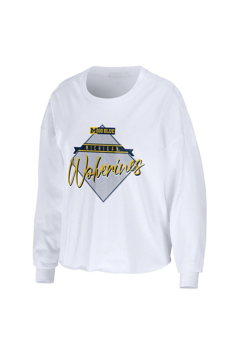 Women's WEAR by Erin Andrews White Michigan Wolverines Diamond Long Sleeve Cropped T-Shirt, Alternate, color, White