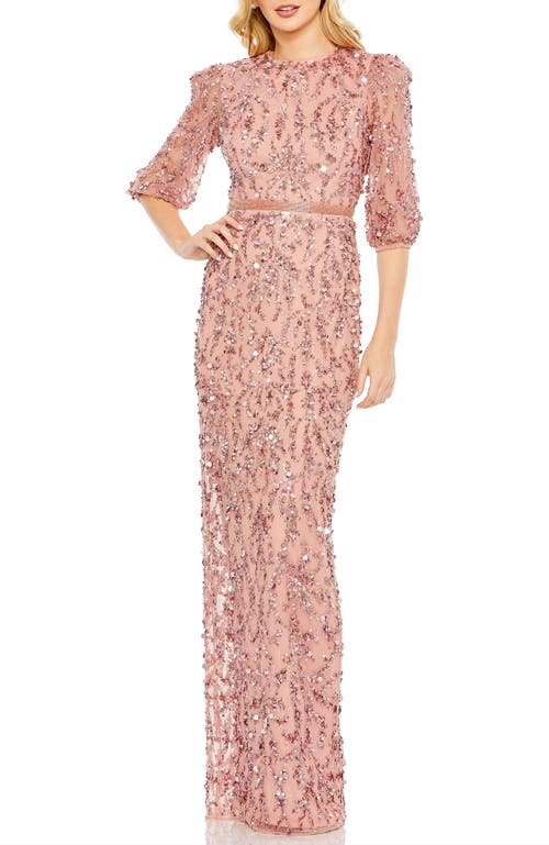 Mac Duggal Sequin Sheer Sleeve Sheath Gown