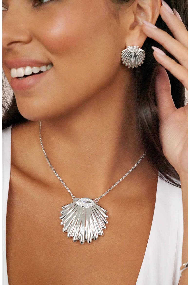 Cubic Zirconia Scalloped Shell Pendant Necklace, Alternate, color, SILVER