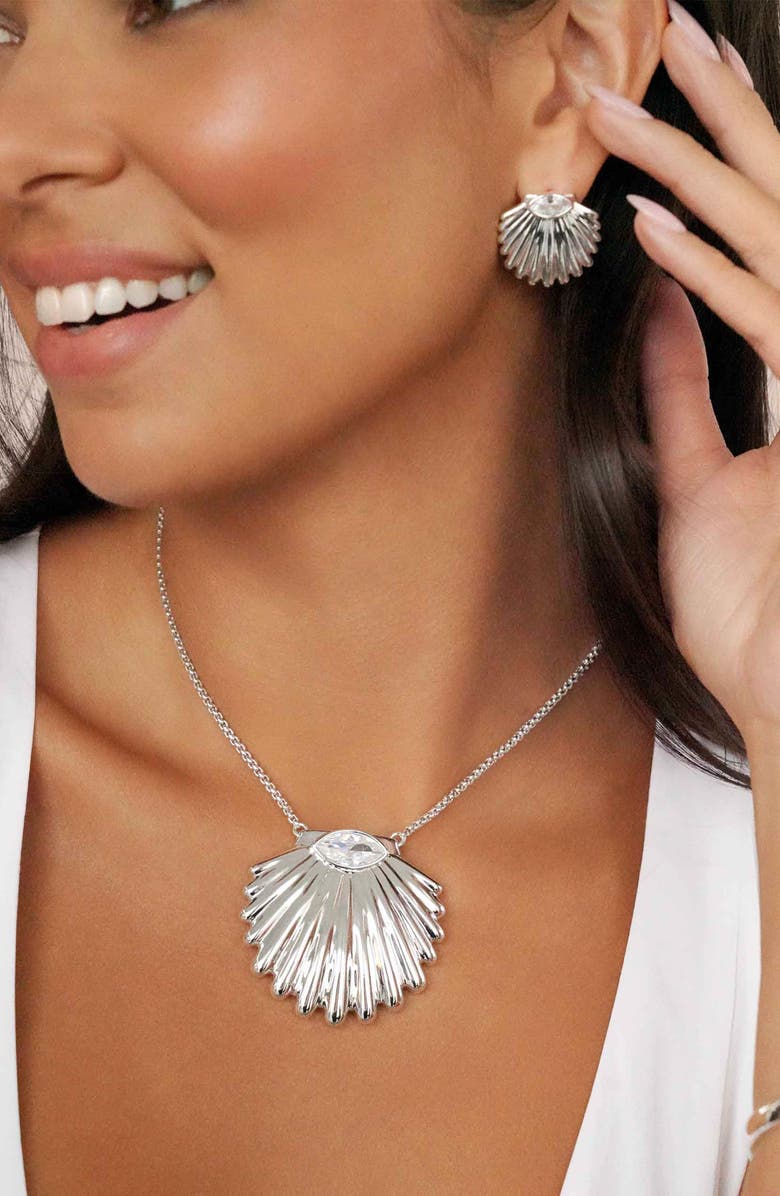 Ettika Cubic Zirconia Scalloped Shell Pendant Necklace, Alternate, color, Silver