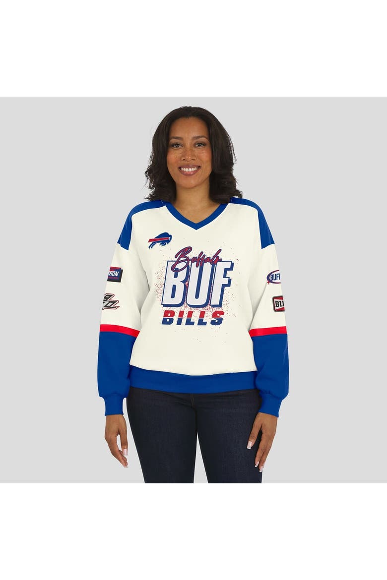 Women's WEAR by Erin Andrews  Cream Buffalo Bills Racing Crew V-Neck Sweatshirt, Alternate, color, Cream