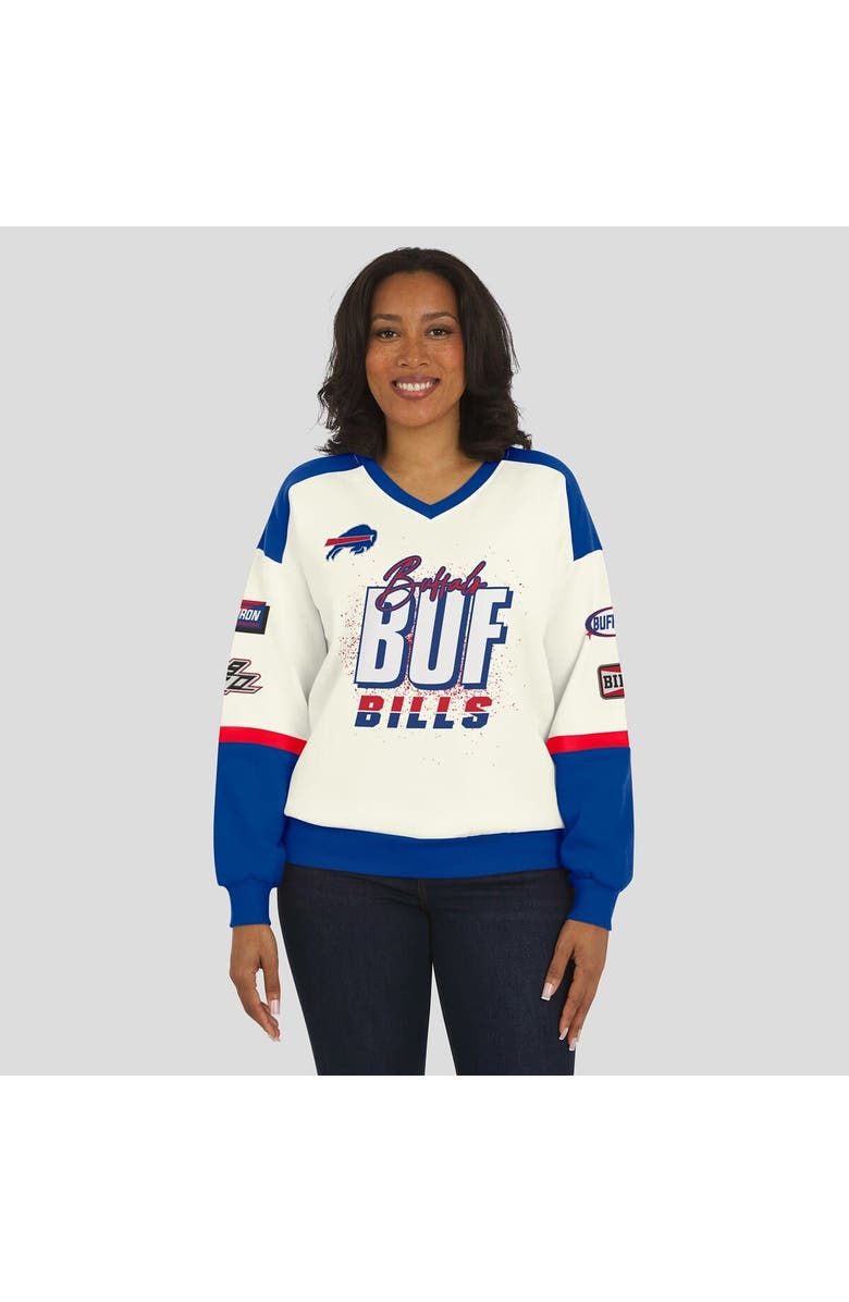 WEAR by Erin Andrews Women's WEAR by Erin Andrews  Cream Buffalo Bills Racing Crew V-Neck Sweatshirt, Alternate, color, Cream