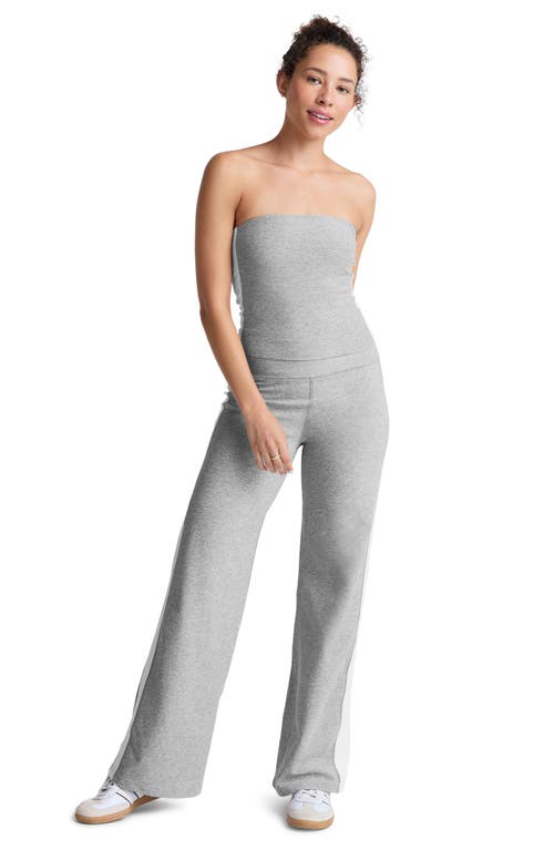 Shop Beyond Yoga Space Dye Strapless Stripe Crop Top In Silver Mist/cloud White