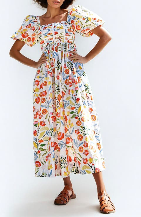 Flower Land Square Neck Cotton Midi Dress