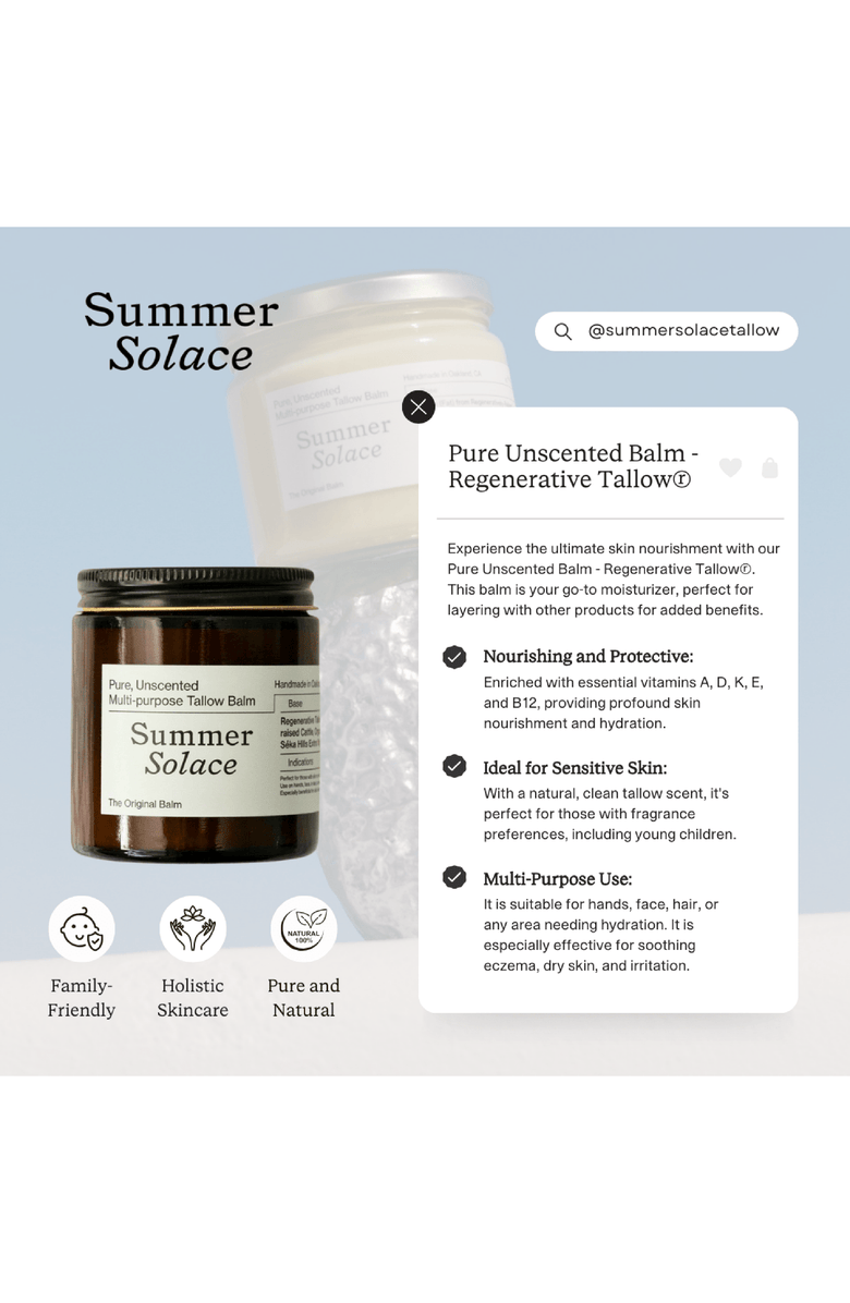 Summer Solace Tallow Pure Unscented Balm Regenerative Tallow Balm, Alternate, color, Small (60Ml)