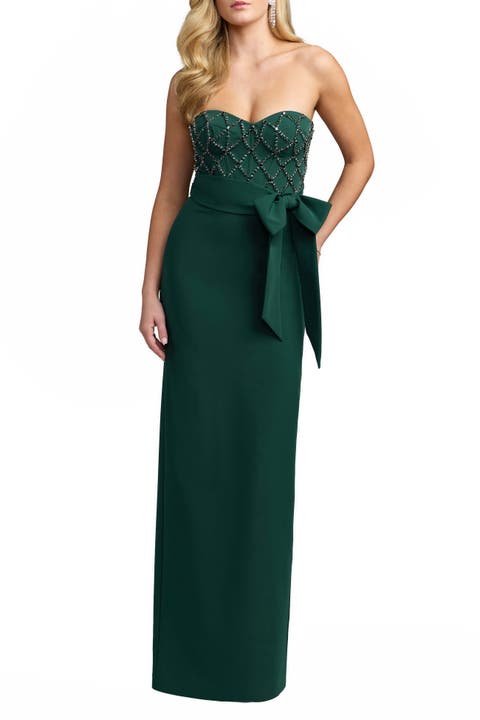 Strapless Crepe Embellished Bustier Gown With Bow