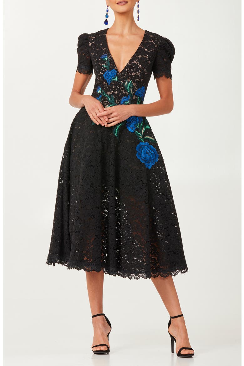 Amy Embroidered Lace Midi Dress, Main, color, BLACK