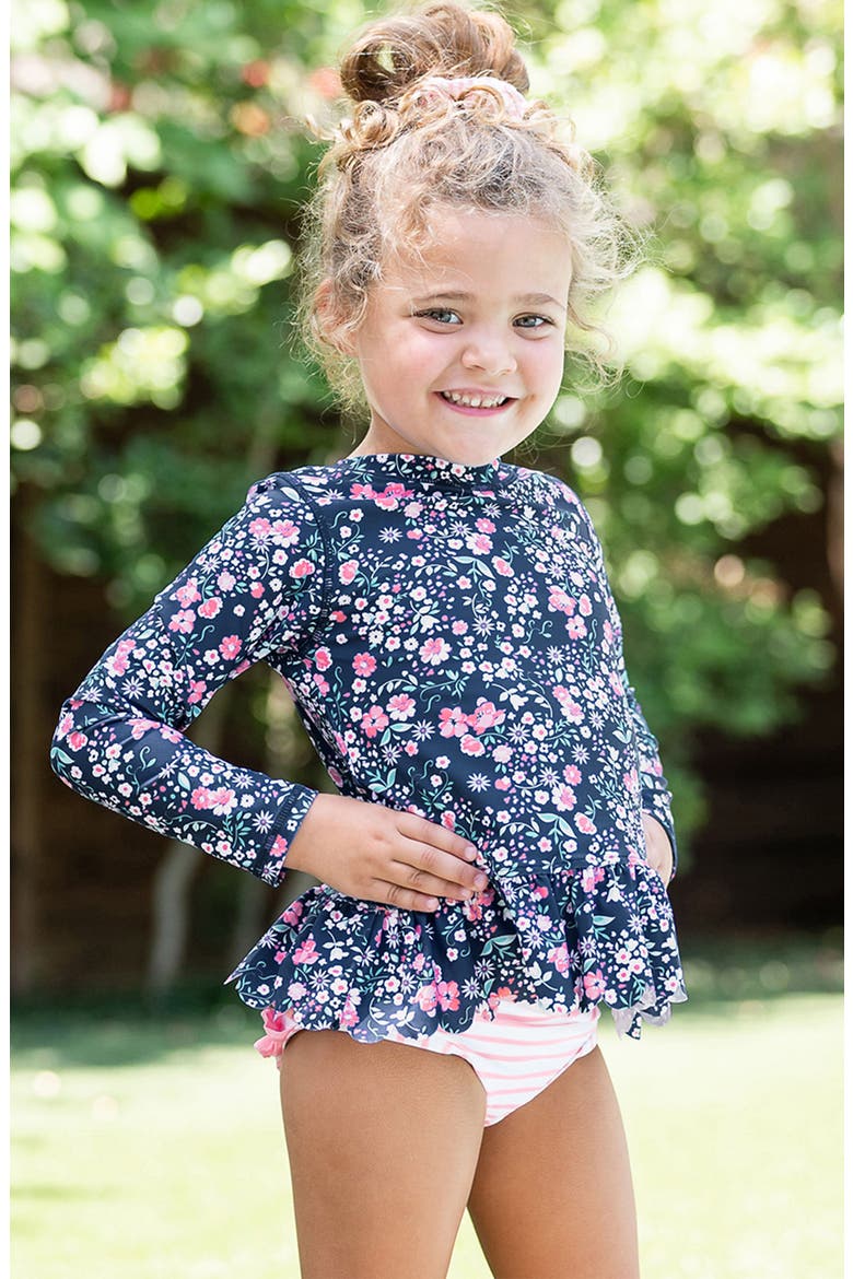 Moonlit Meadow Scalloped Long Sleeve Two-Piece Rashguard Swimsuit, Alternate, color, BLUE