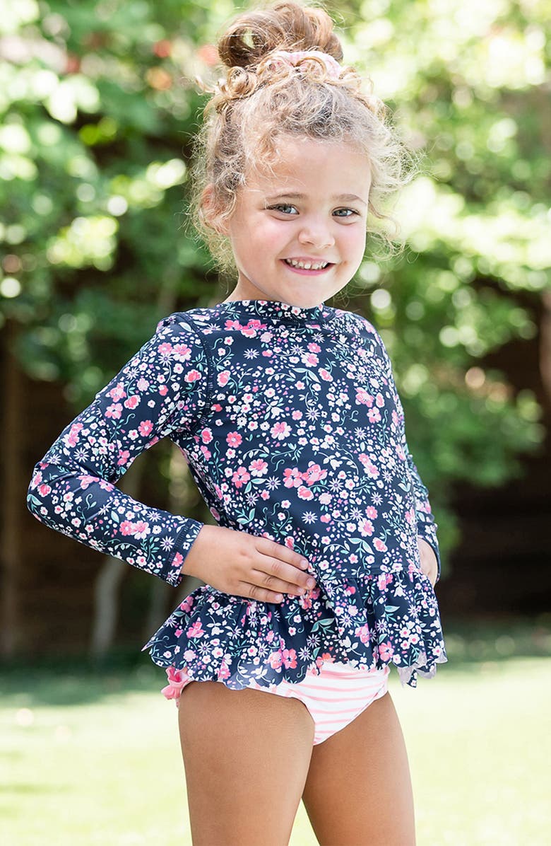 RuffleButts Moonlit Meadow Scalloped Long Sleeve Two-Piece Rashguard Swimsuit, Alternate, color, Blue