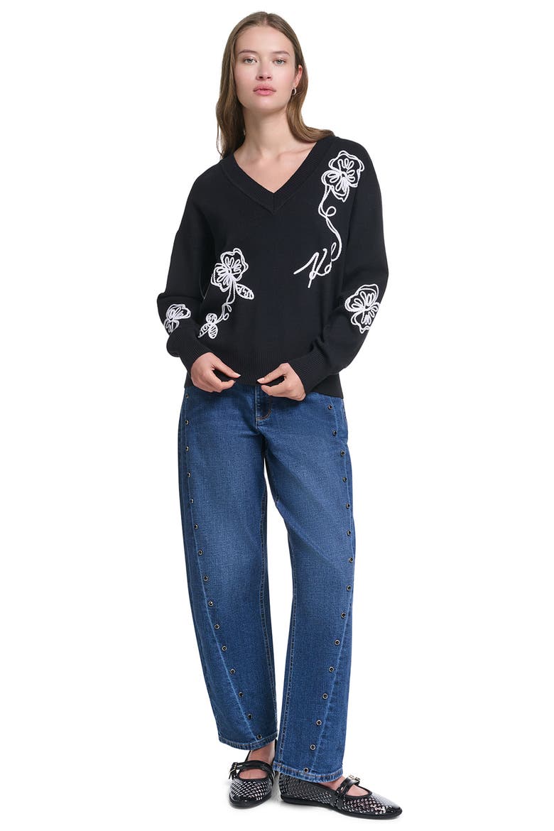 Floral V-Neck Sweater, Alternate, color, BLACK/ SOFT WHITE